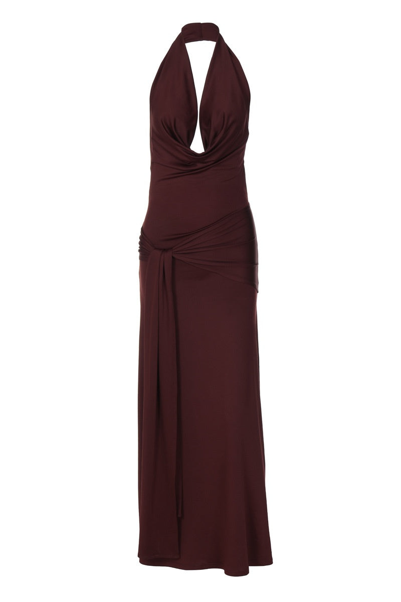 Burgundy Halter Tie Maxi Dress