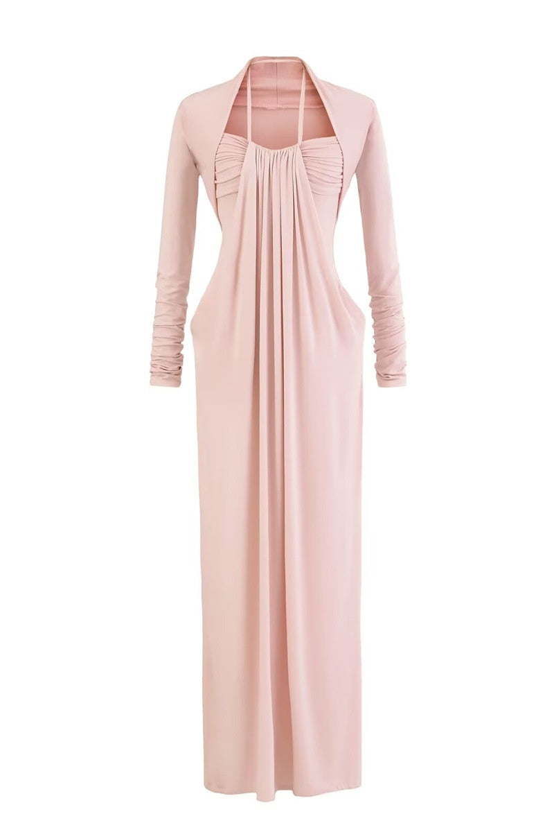 Pink Halter Long-sleeve Bolero Long Dress