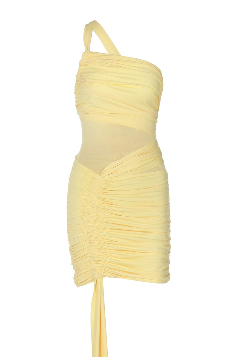 Yellow One-shoulder Ruched Tie Dress