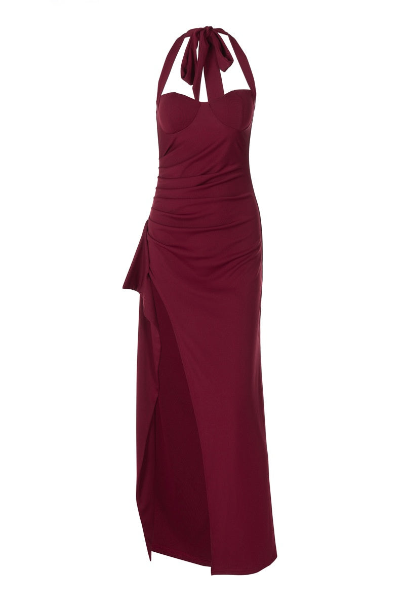 Burgundy Halter Side Slit Long Dress