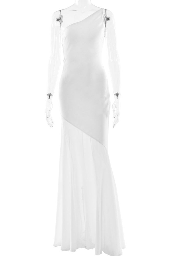 White Slim Fit One-shoulder Panel Tulle Dress