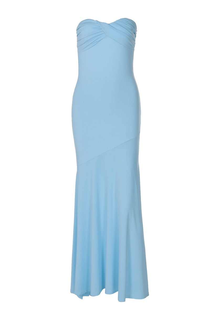 Blue Bodycon Strapless Long Dress