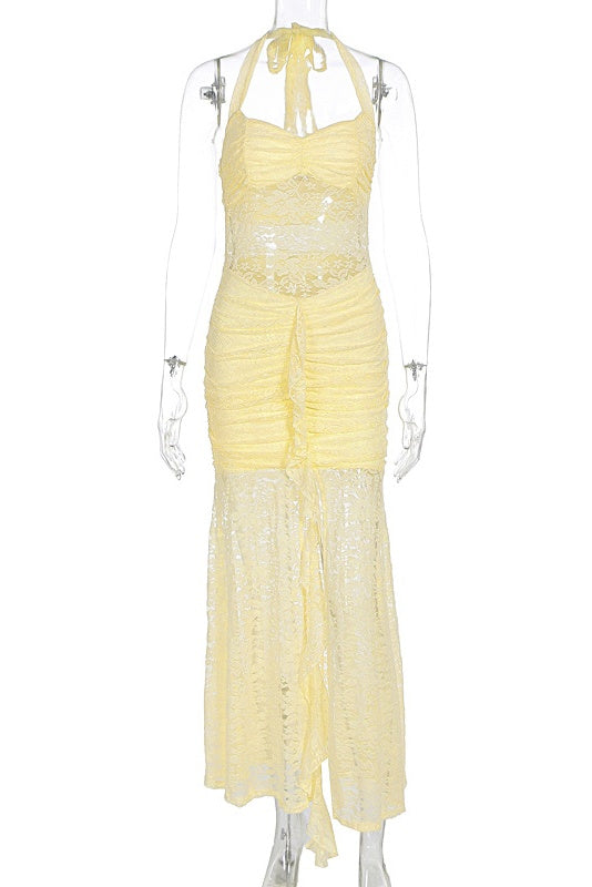 Sheer Lace Halter Side Slit Long Dress