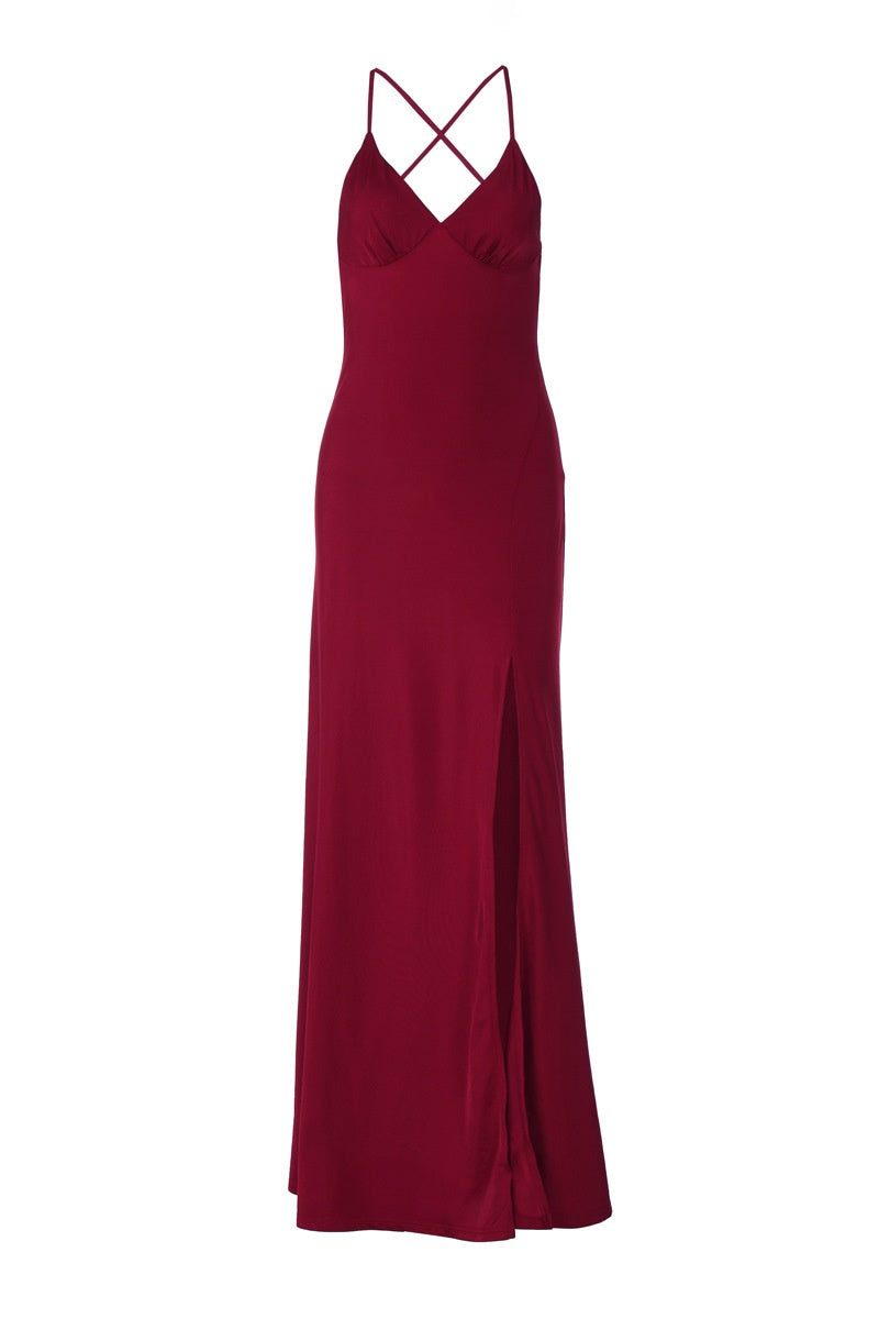 Burgundy Spaghetti Straps Long Dress