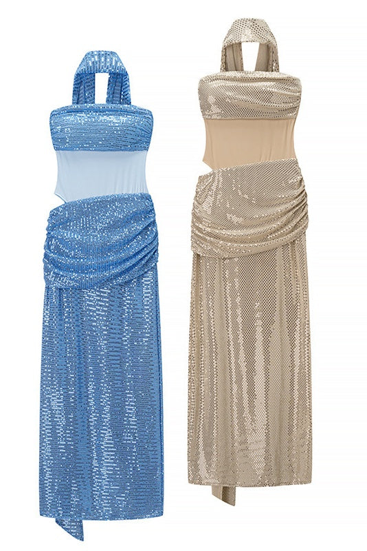 Blue Sequins Long A-line Dress