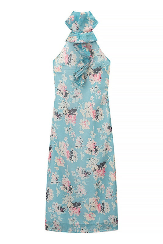 Blue Floral Print Long A-line Dress