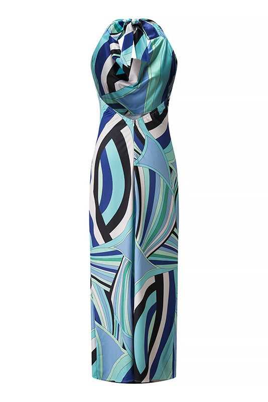 Blue Floral Print Halter A-line Dress