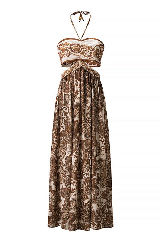 Brown Floral Halter Tie Long Dress