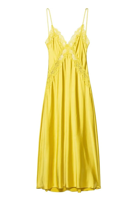 Golden V-neck Lace Trim Long Dress