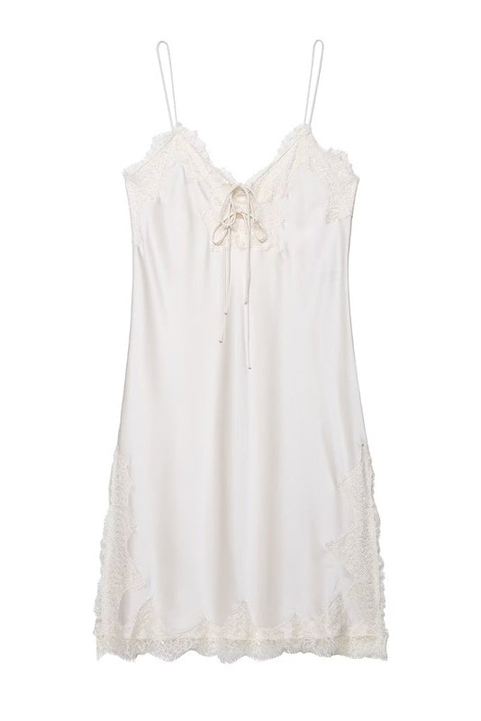 White V-neck Lace Trim Tie Dress