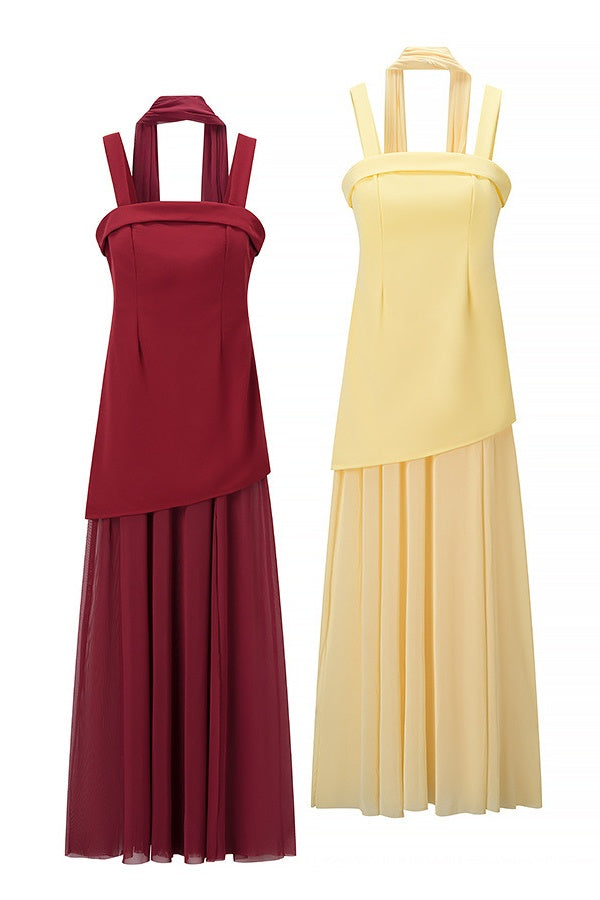 Yellow Wide Straps A-line Long Dress