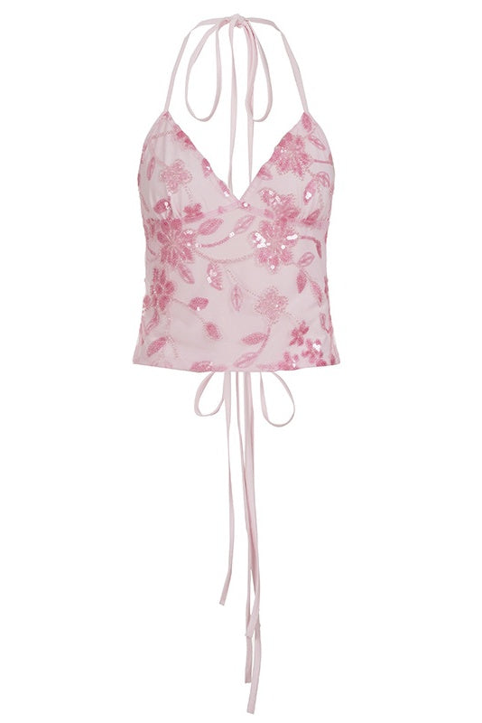 Pink Floral Sequin Halter Crop Top