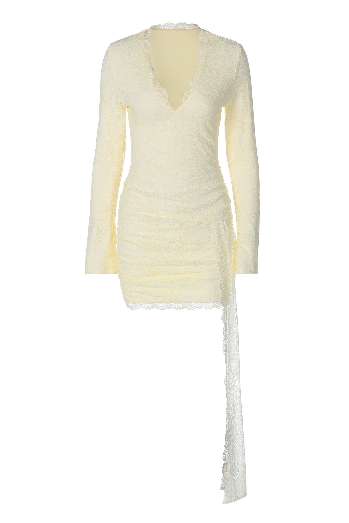Yellow Lace Trim Ruched Mini Dress