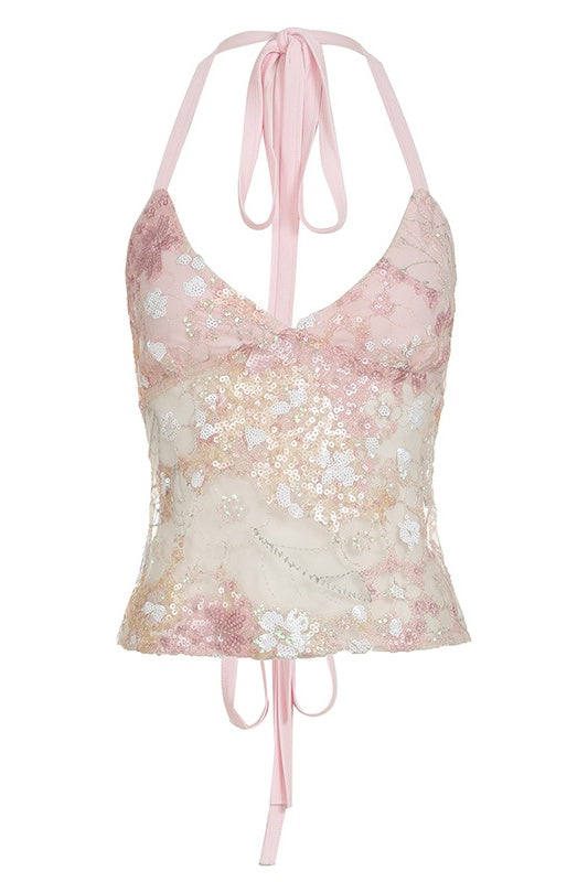 Pink Floral V-neck Sequin Halter Crop Top