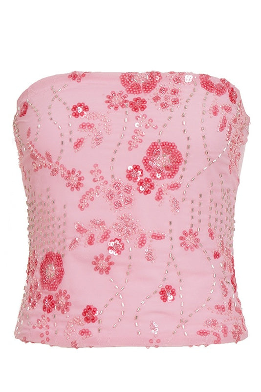 Pink Sequin Bead Print Crop Top