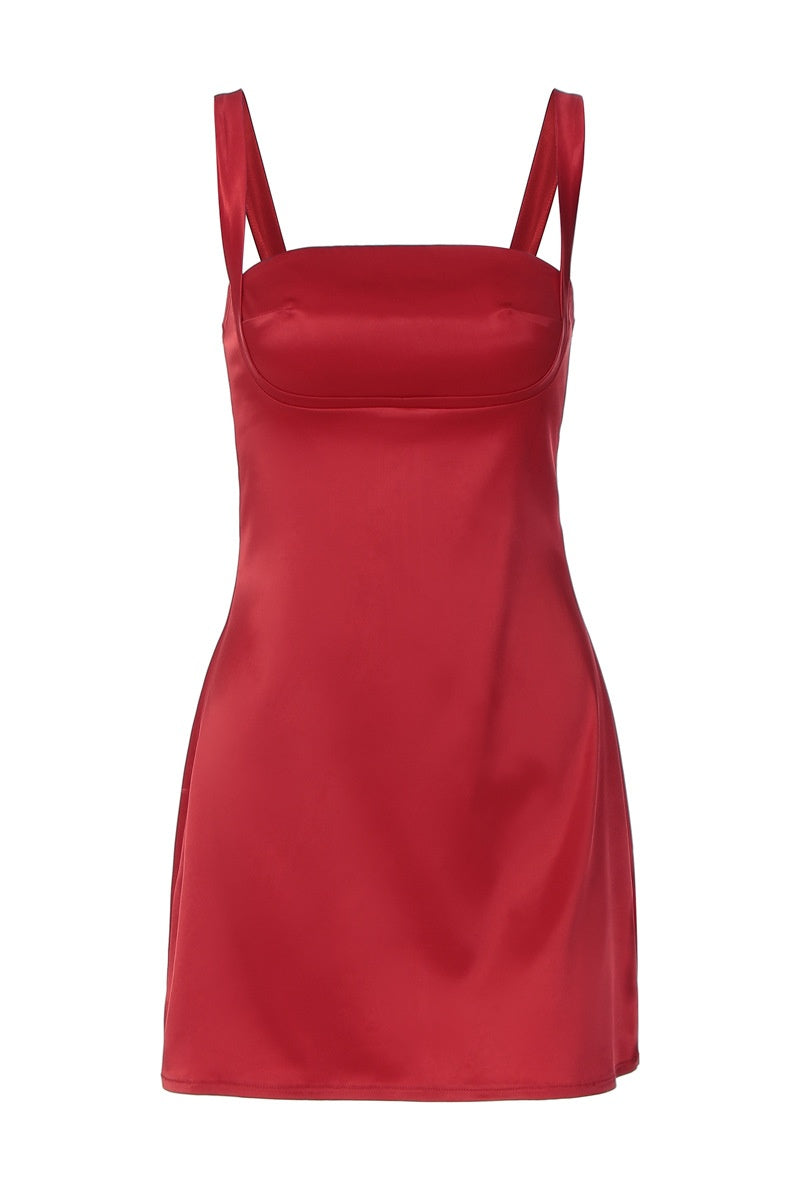 Red Satin Square A-line Mini Dress