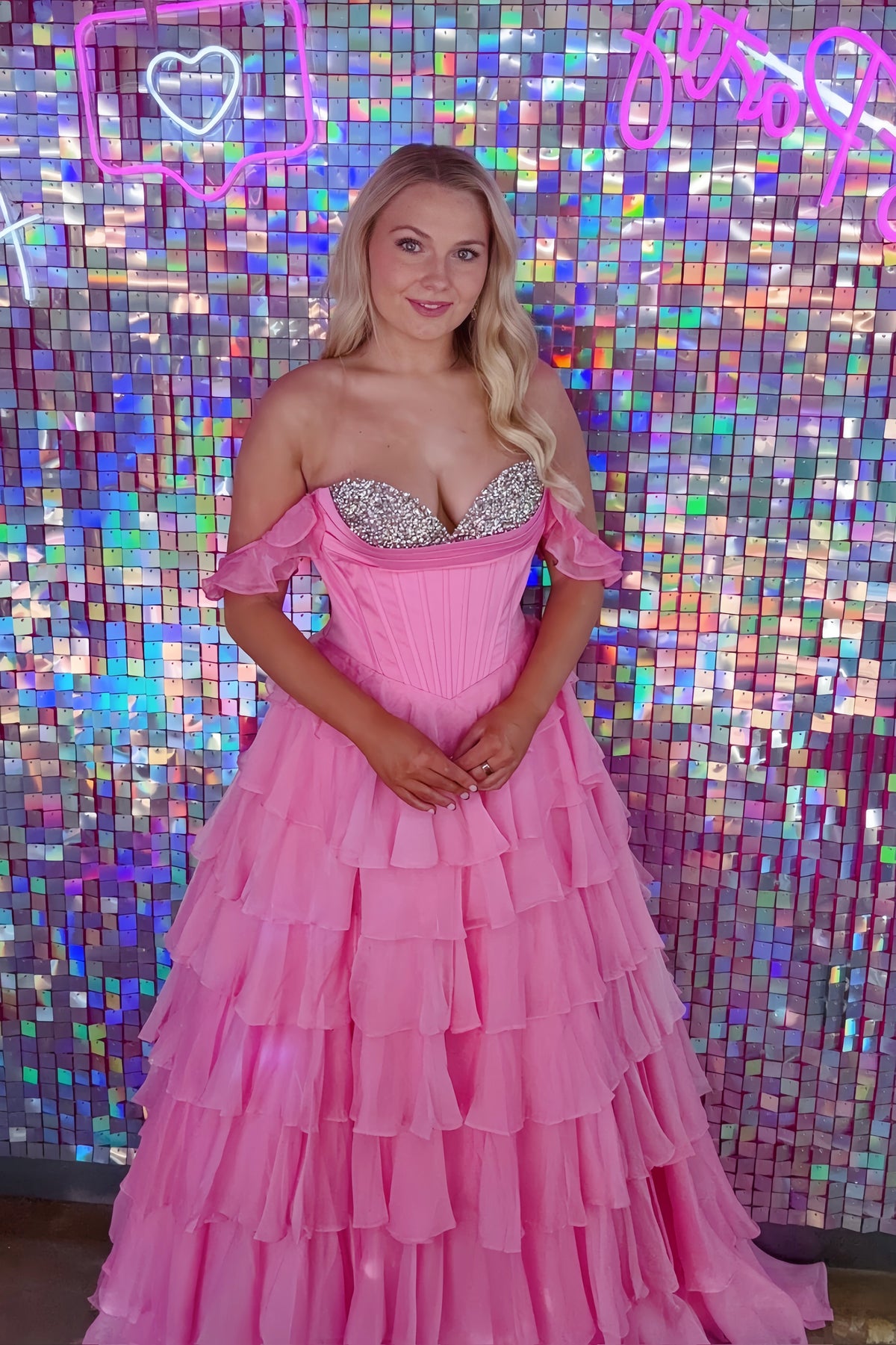 Light Pink Off-shoulder Beaded Sweetheart Gown