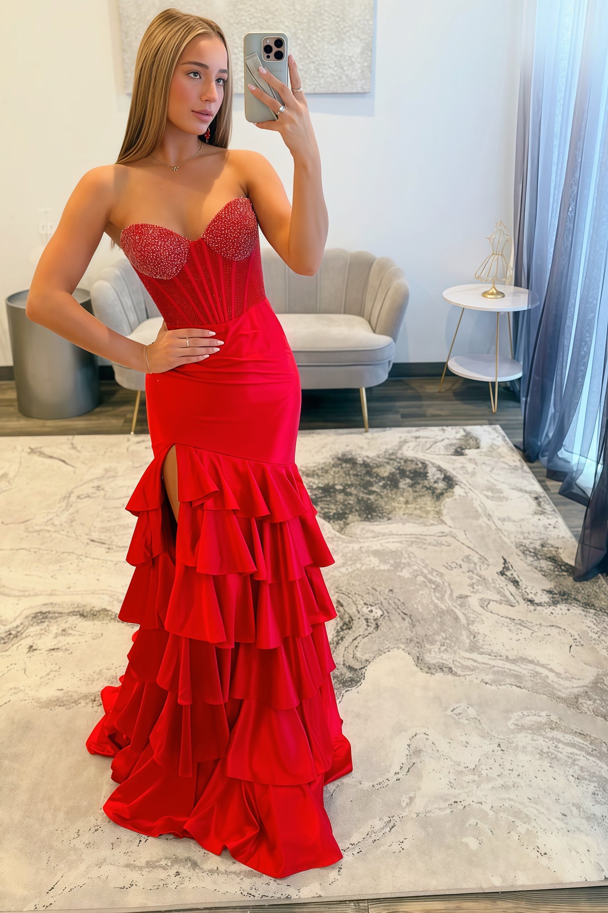 Red Side Slit Long Mermaid Ruffle Dress