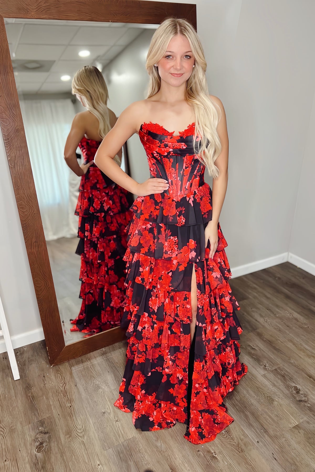 Black and Red Print Side Slit Ruffle Dress