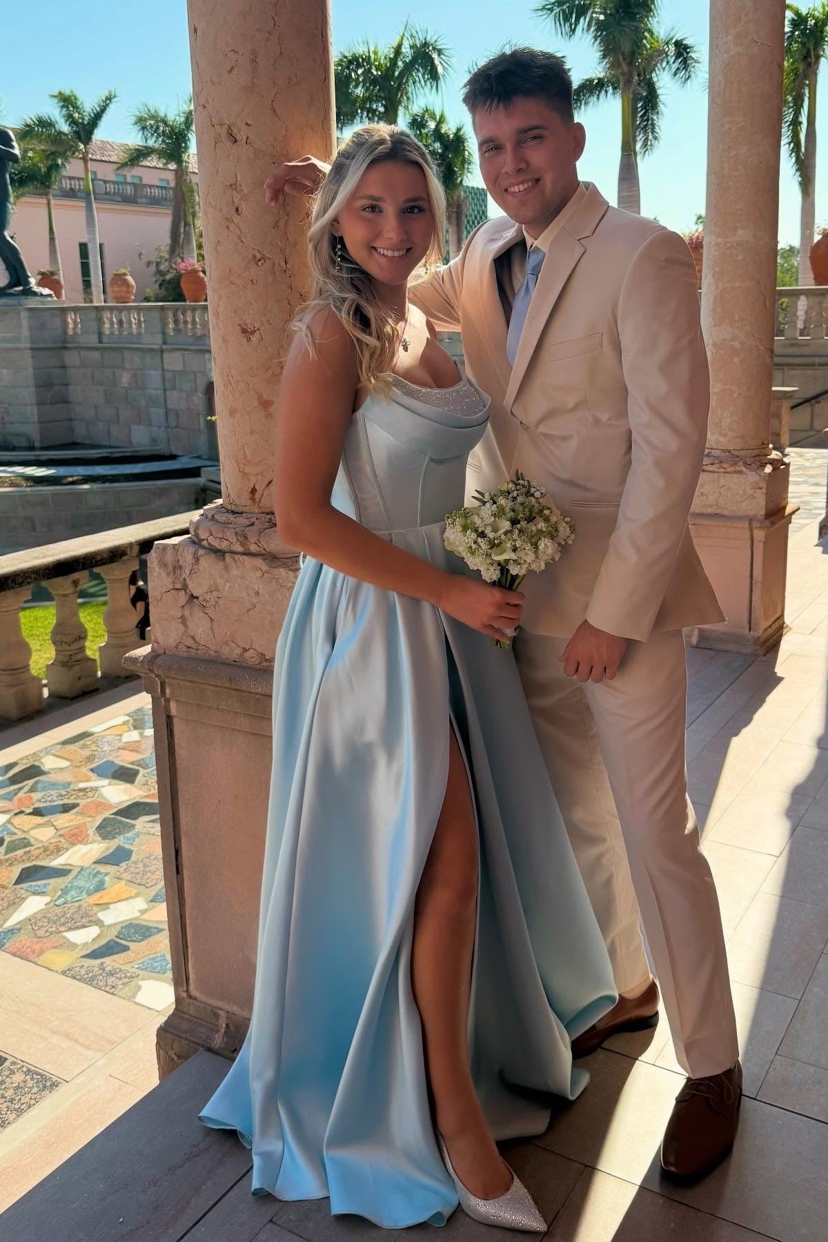 light blue slit dress Cowl Neck Satin – Dressesforparty Long dress - Silk, line silhouette plain_black_abaya Size:8 ½