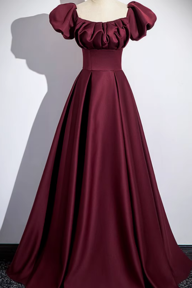 Burgundy Puff Sleeves Empire A-line Dress