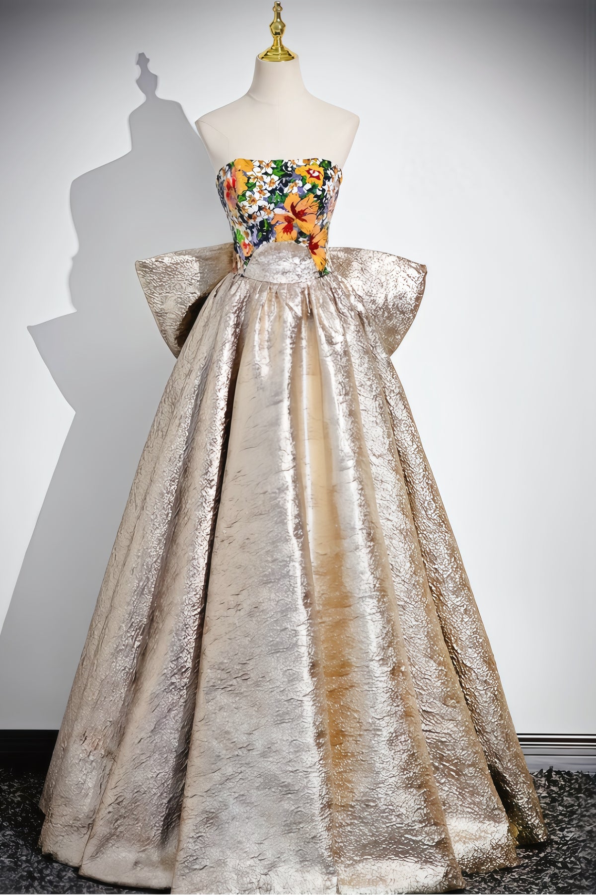 Champagne Sequin Bow Off-the-shoulder A-line Dress