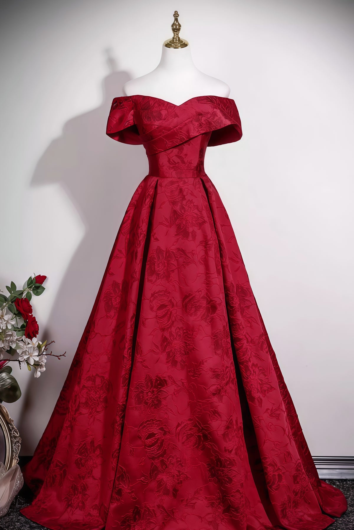 Red Off-the-shoulder Embroidered Print A-line Dress