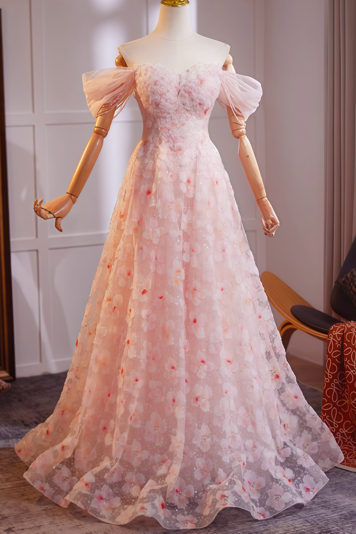 Light Pink Off-shoulder Floral Layered Dress