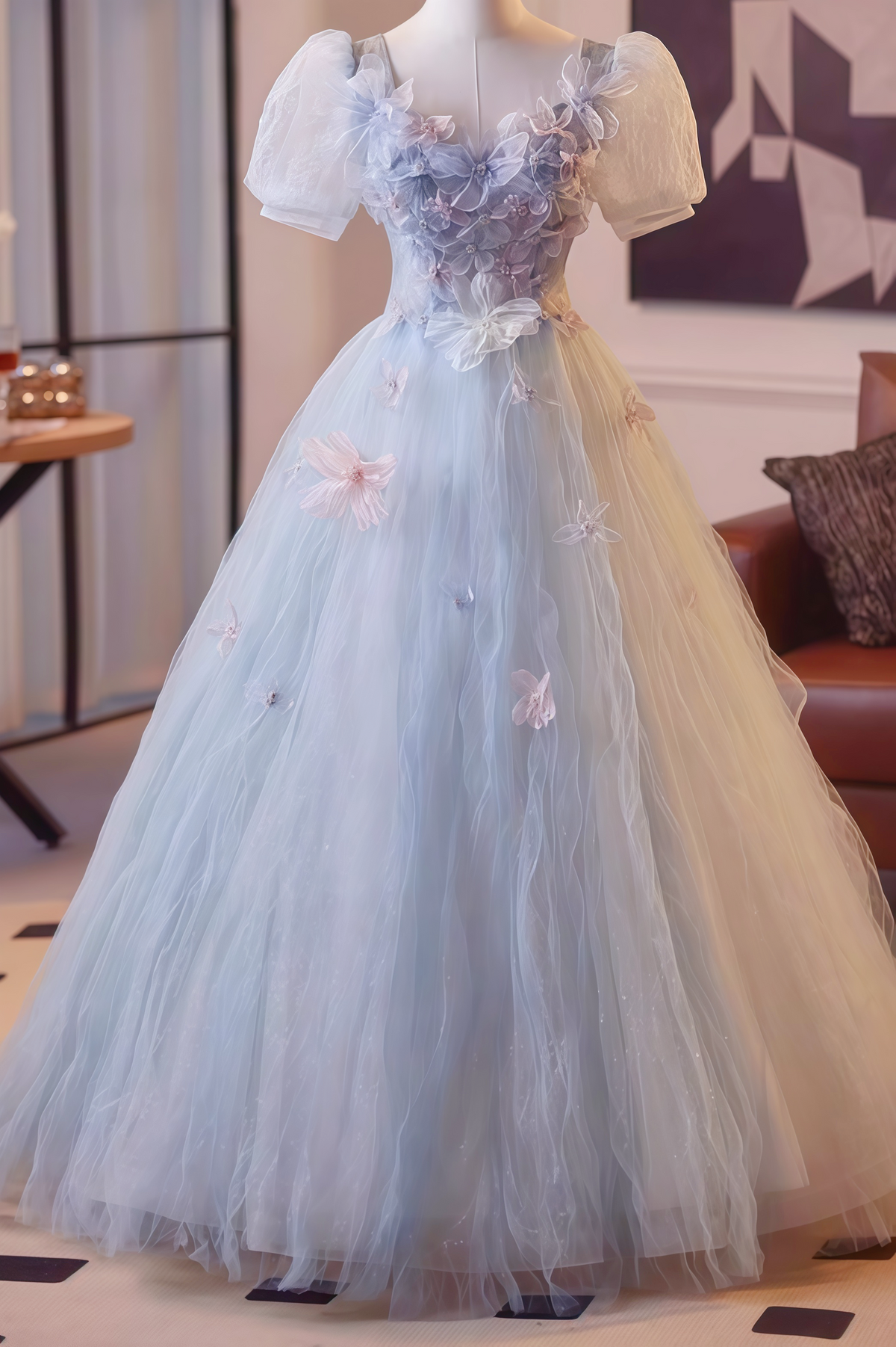Light Blue Puff Sleeves 3D Floral A-line Dress