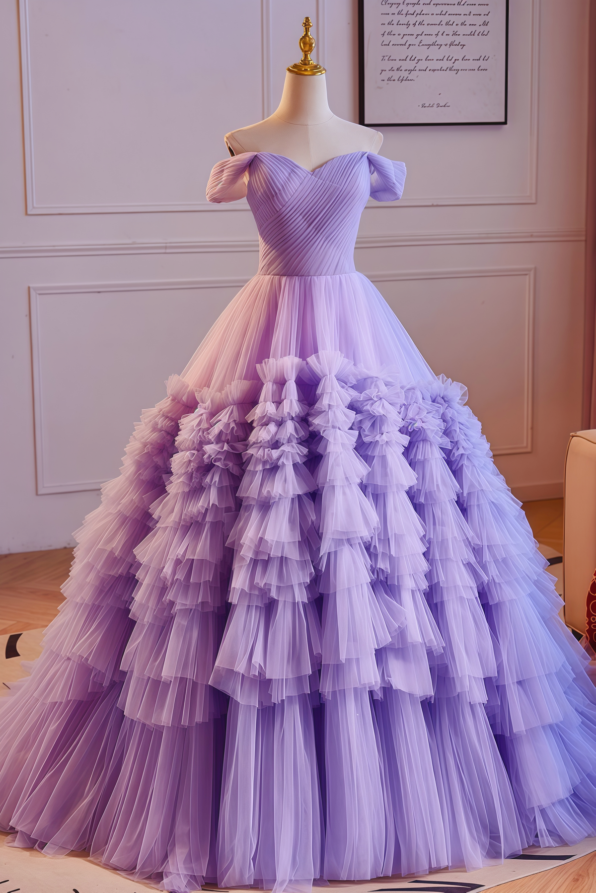 Lavender Layered Off-shoulder Ball Gown