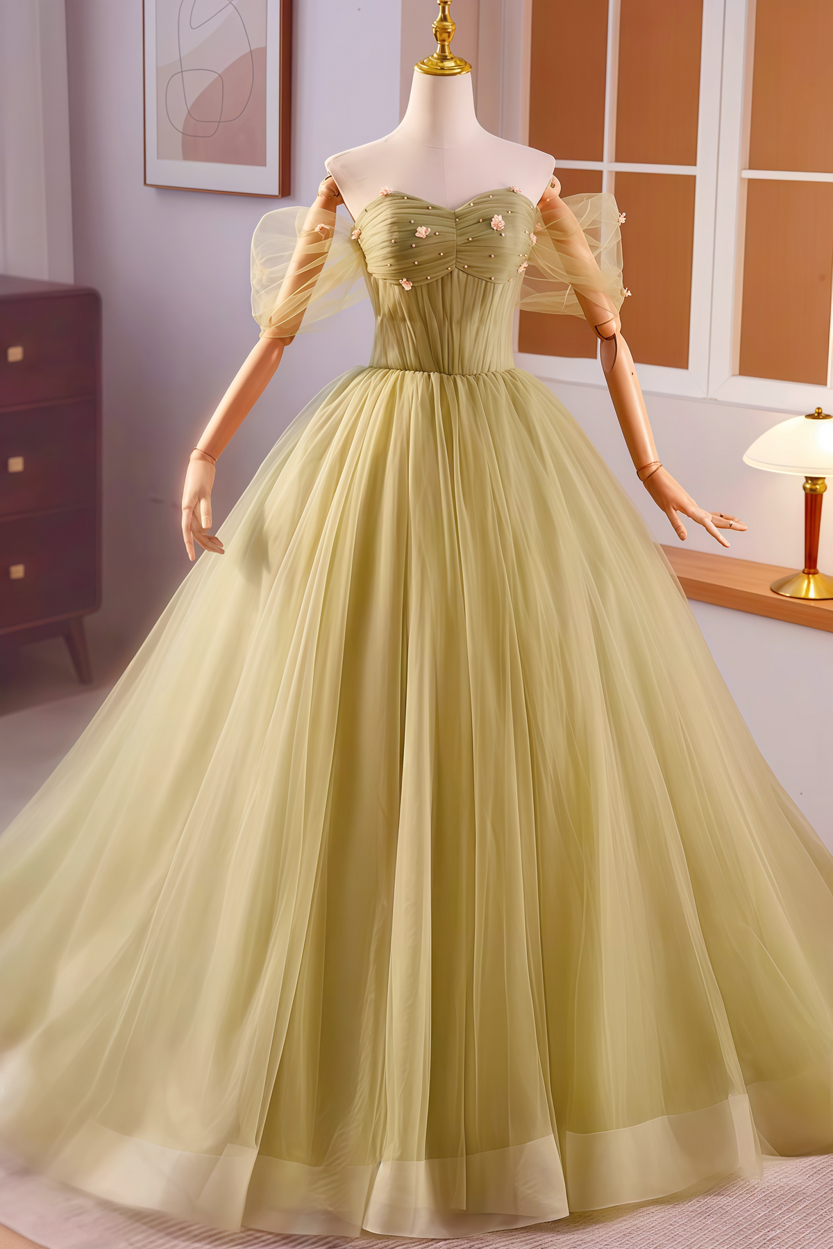 Green Off the Shoulder Corset Ball Gown