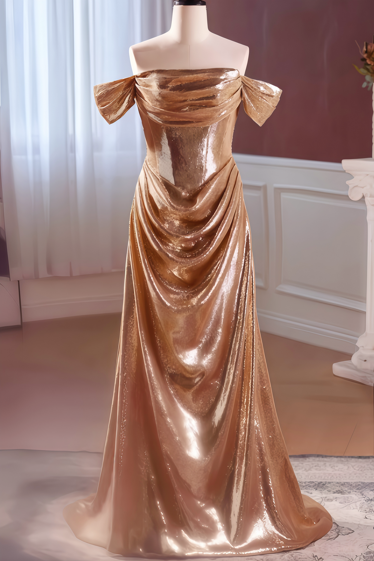 Champagne Off-the-shoulder Sequin Long Dress