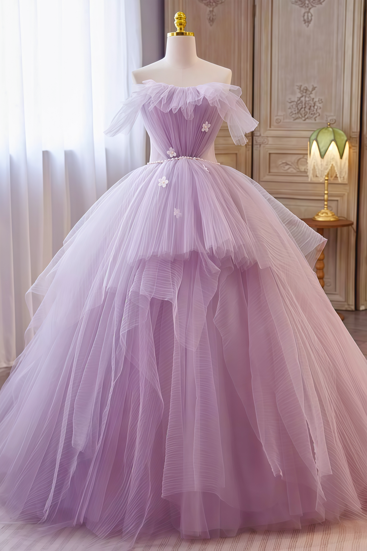 Lavender Strapless Pearl Floral A-line Dress