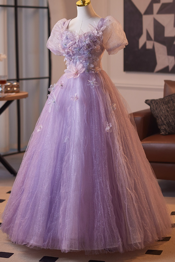 Lavender Puff Sleeves A-line Princess Dress