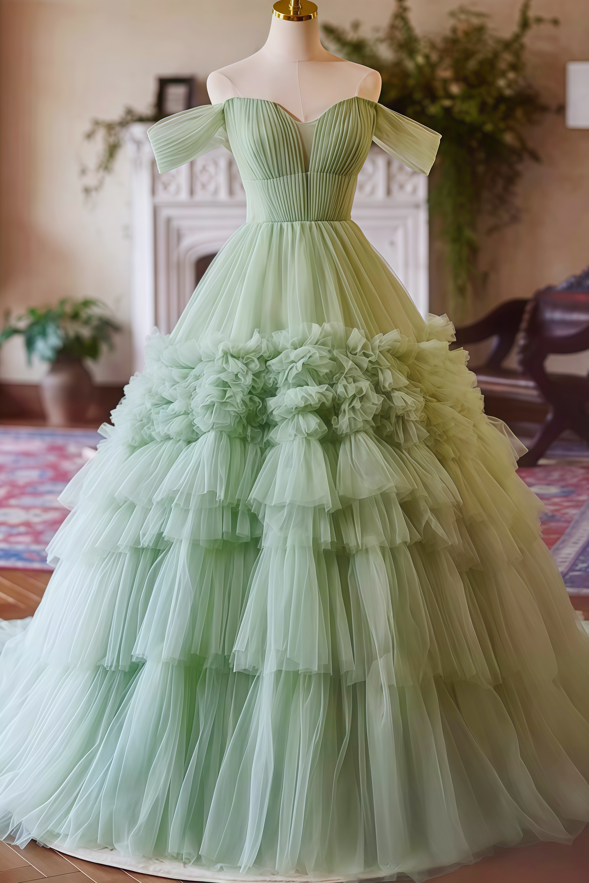 Light Green Off-shoulder Tiered Ball Gown