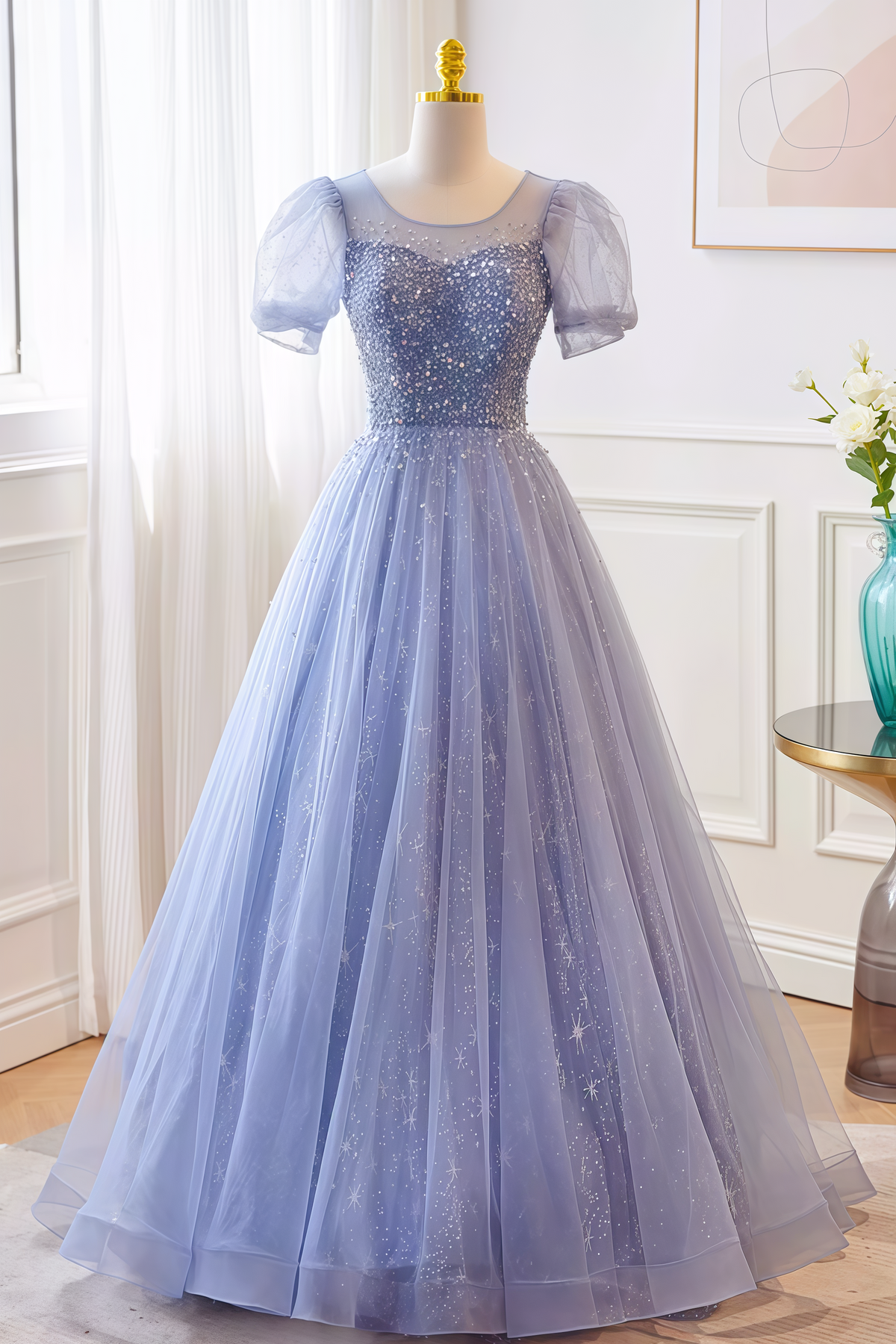 Periwinkle Short Sleeves Beaded A-line Dress