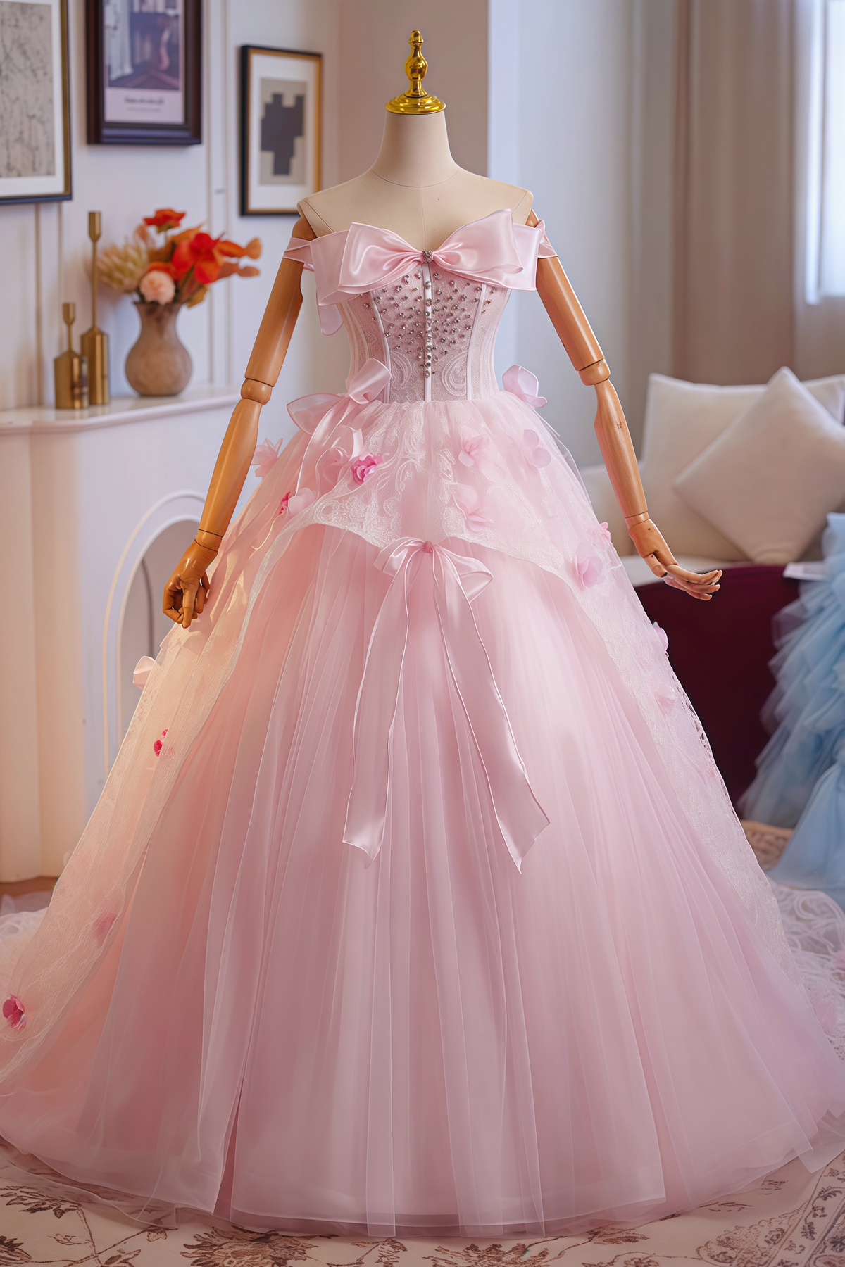 Light Pink Bow Rhinestone 3D Floral Ball Gown