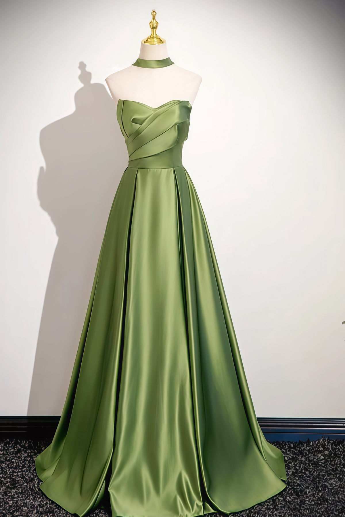 Green Strapless Ruched Satin A-line Dress