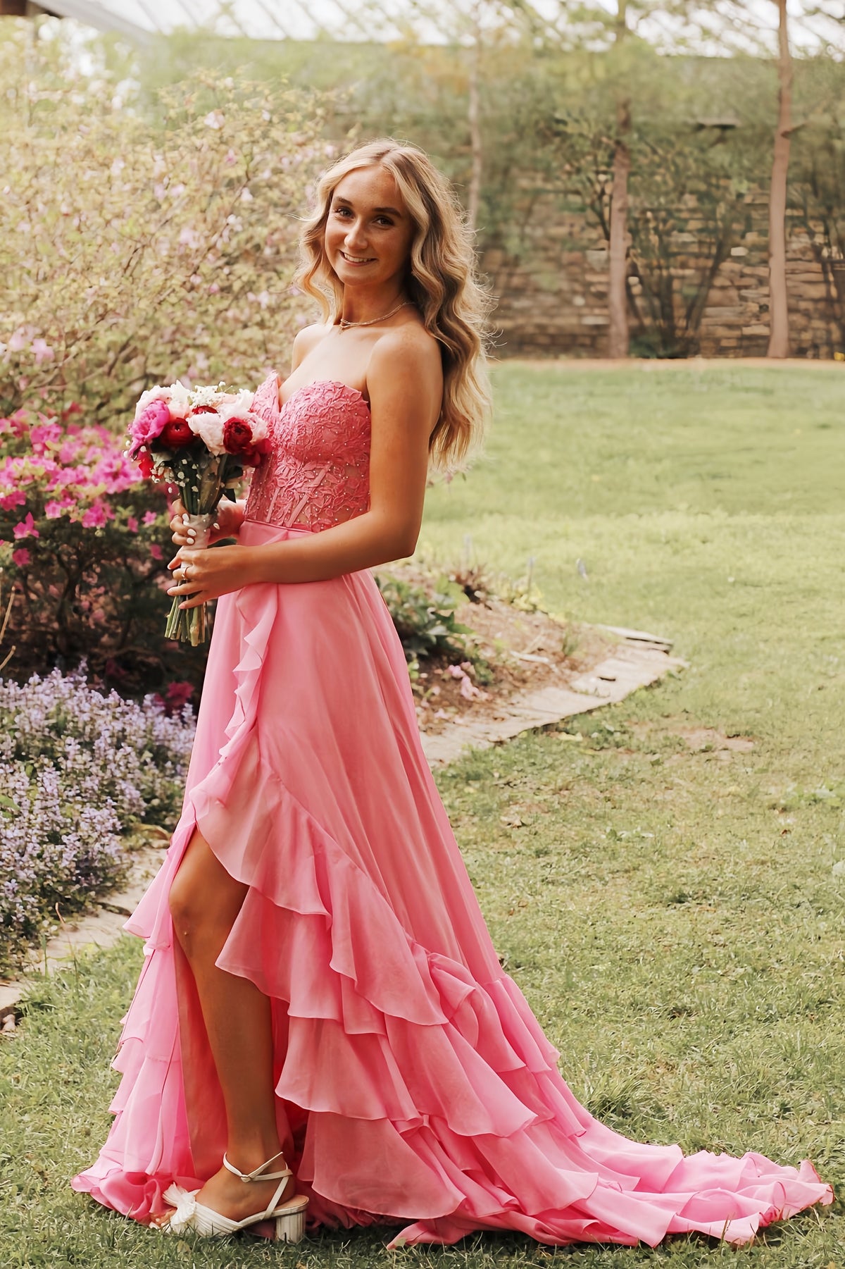 Sweetheart Yellow Lace Appliques Chiffon Ruffle Prom Dress Dressesforparty Sweetheart Yellow Lace Appliques Chiffon Ruffle Prom Dress Dressesforparty