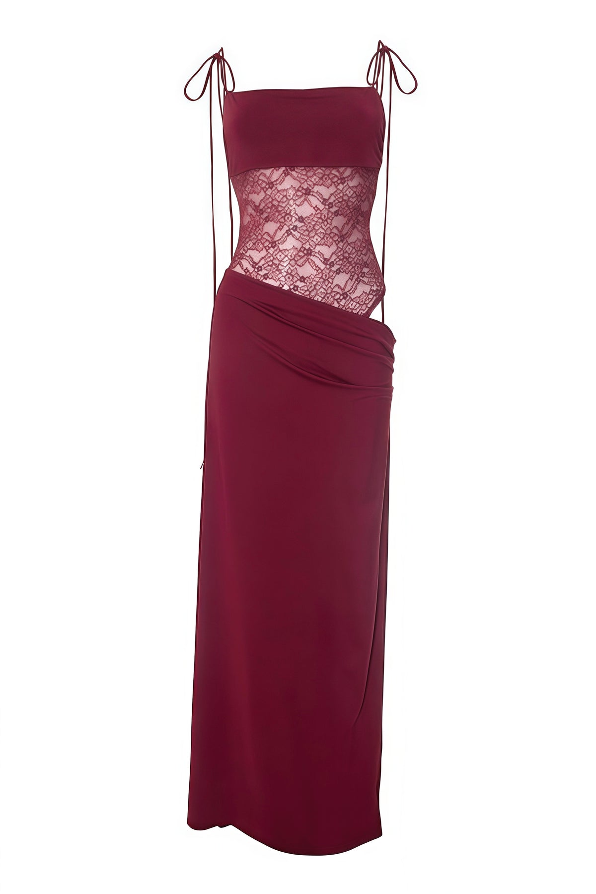 Burgundy Floral Sheer Lace Long Dress