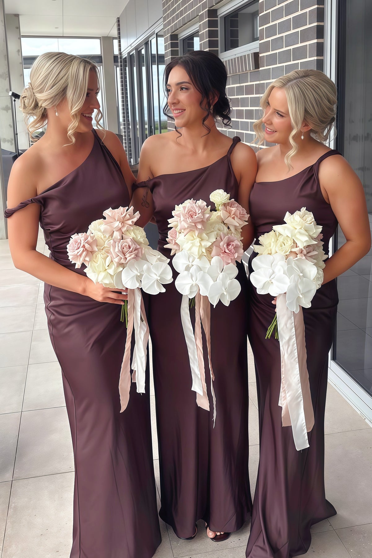 Asymmetrical Brown Fitted Draped Bridesmaid