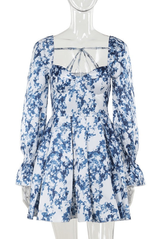 Blue Floral Long-sleeved Sweetheart A-line Dress
