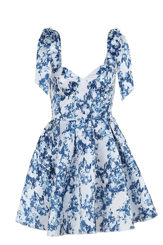 Blue Floral Tie Sweetheart A-line Dress