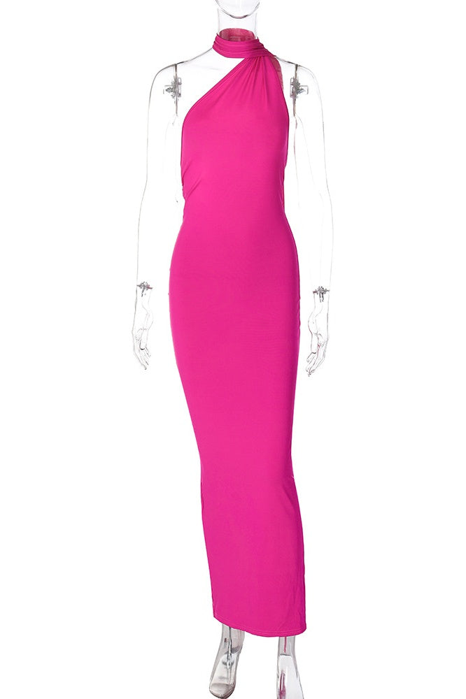 Fuchsia Metal Ring Long Bodycon Dress