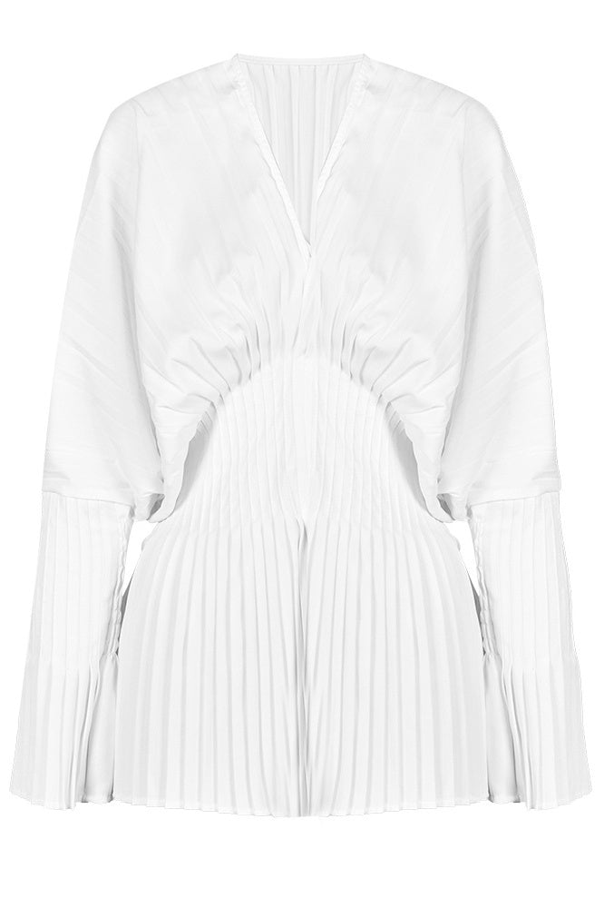 White Long-sleeved Fitted Waist Shirt Dress