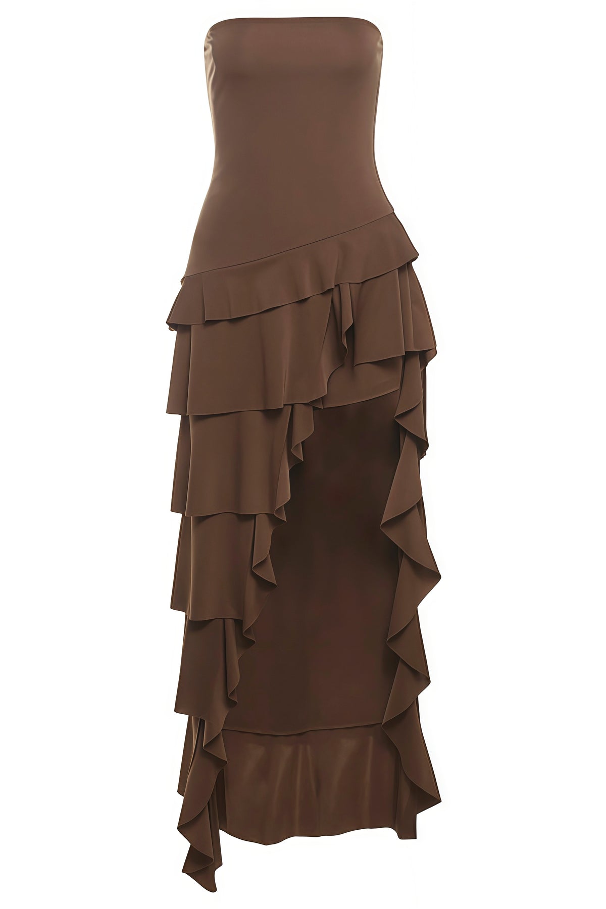 Brown Strapless Asymmetric Hem Long Dress