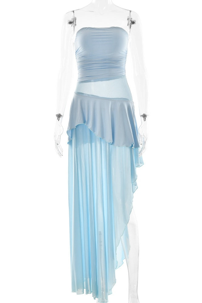 Light Blue Tulle Panel Asymmetrical Dress