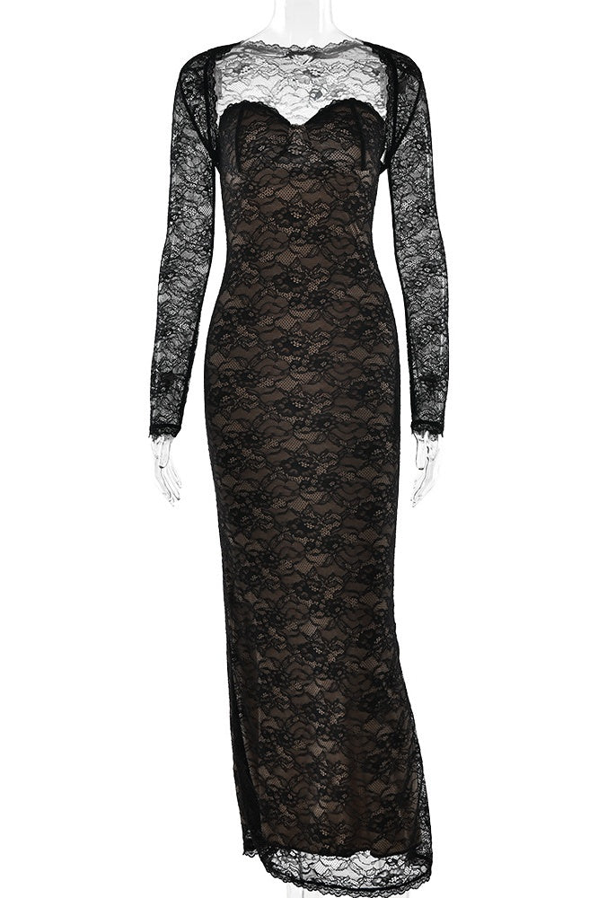 Black Lace Print Two-Piece Set Dress