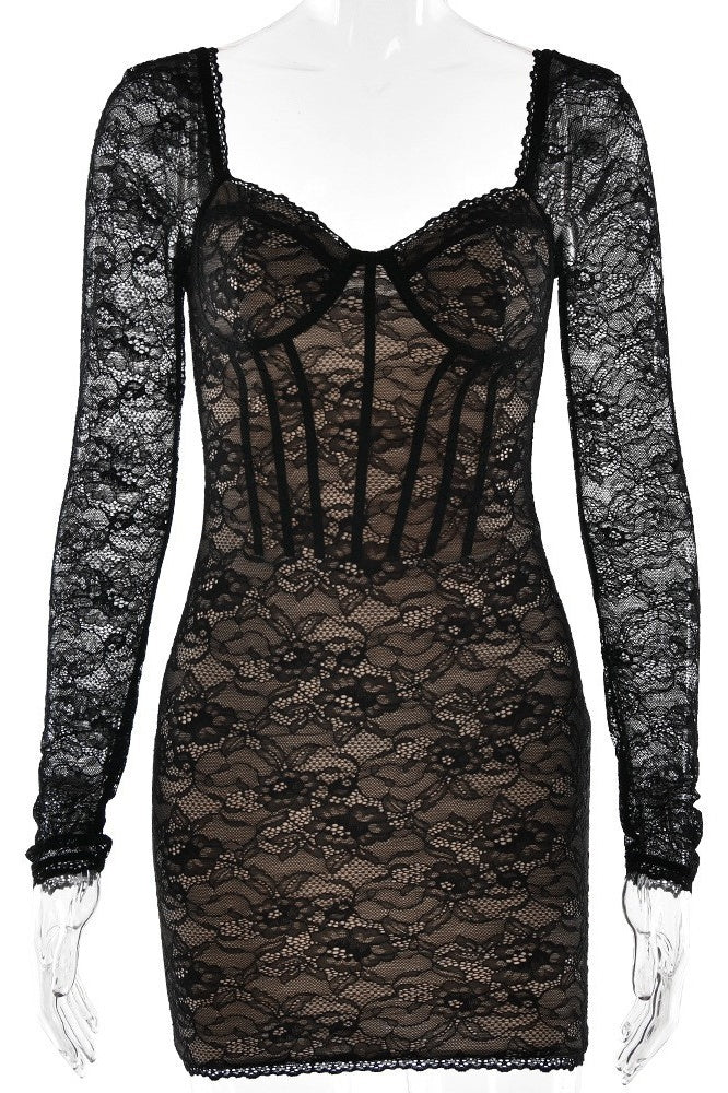Black Lace Print Bodycon Mini Dress