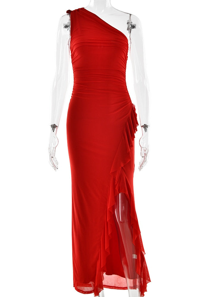 Red Slim Fit One-shoulder Side Slit Dress